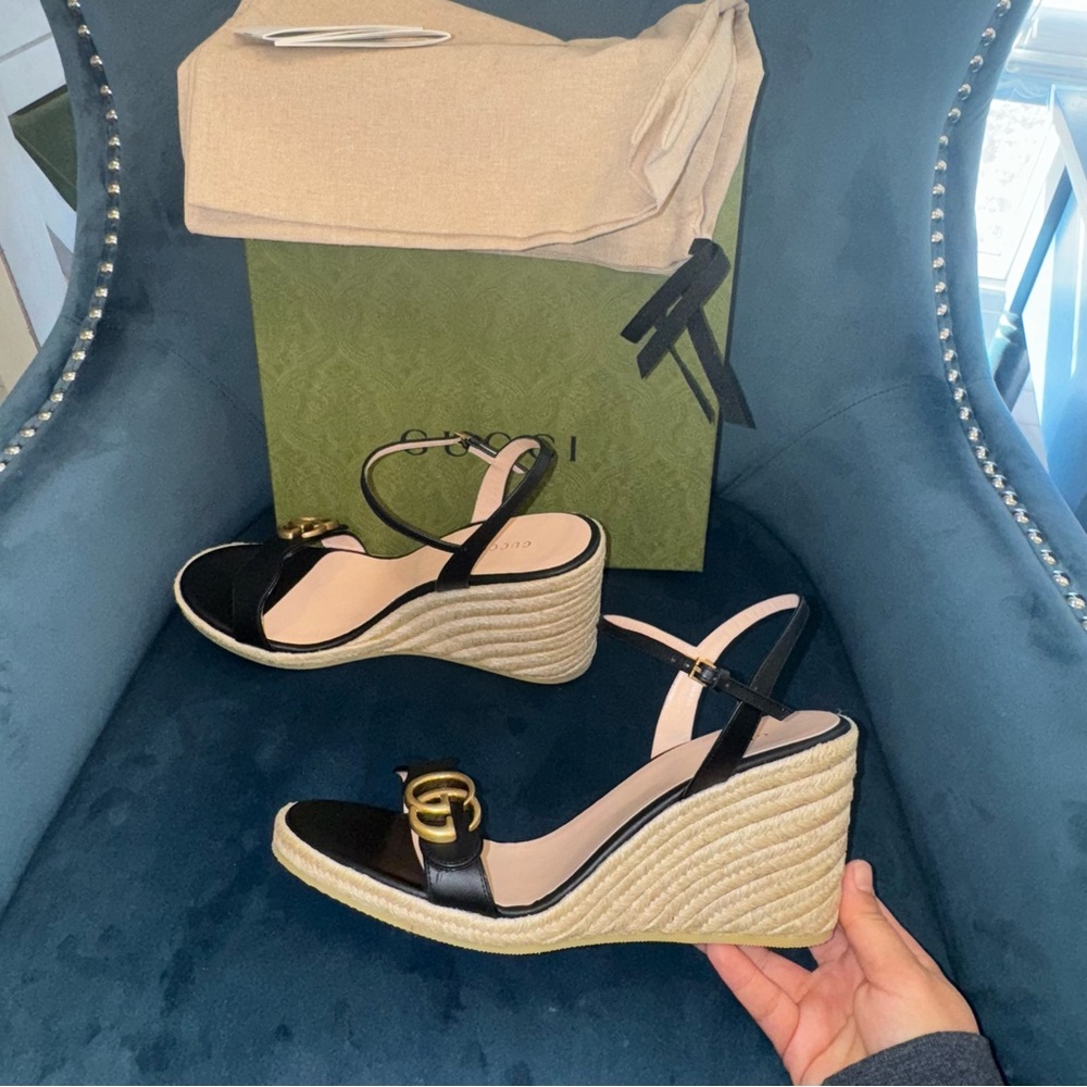 New Size 42 Gucci Aitana Espadrille Wedge Sandals Black - Picture 4 of 7